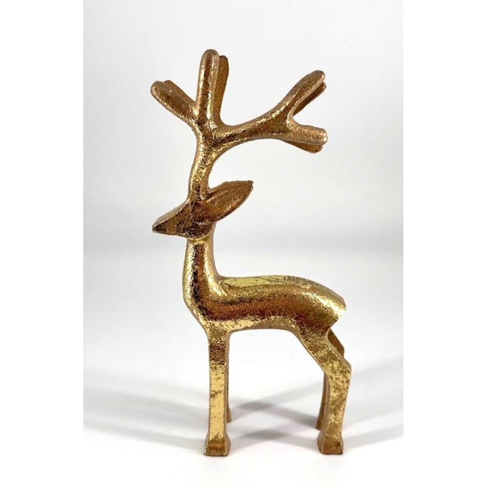 Gold Cast Aluminum Reindeer Figurine 10" Tall Modern Metallic Holiday Decor